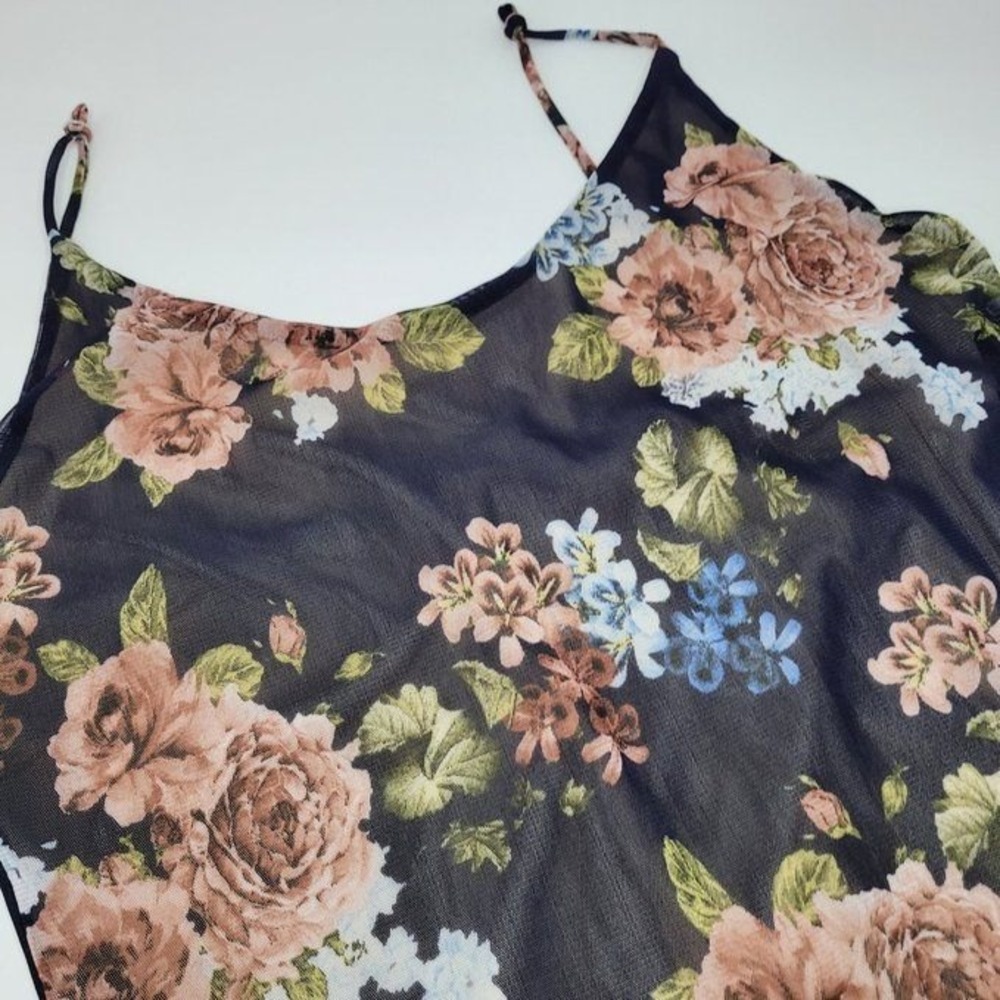 Olive Tree Floral Print‎ Dress Sheer Overlay Lined Bodycon Summer Size L